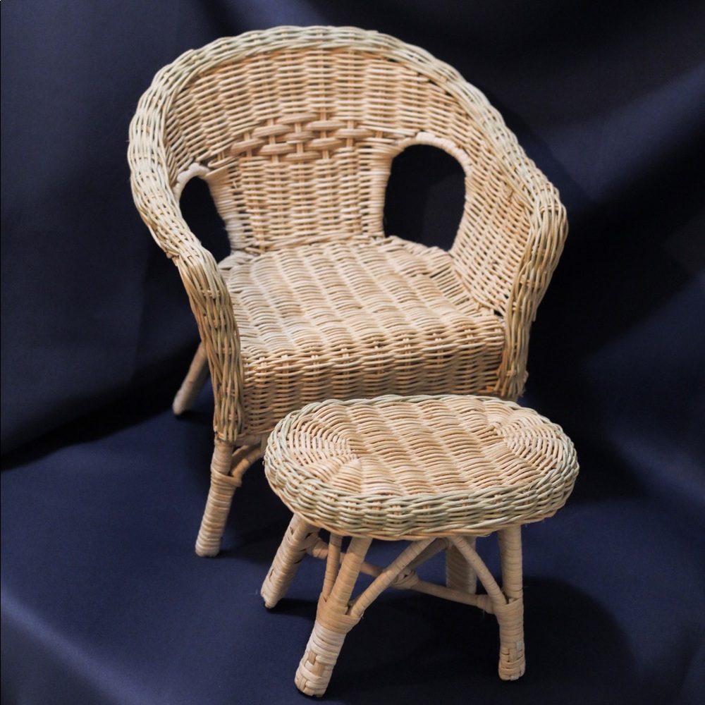 Vintage Mini Tan Wicker Armchair and Footrest Set